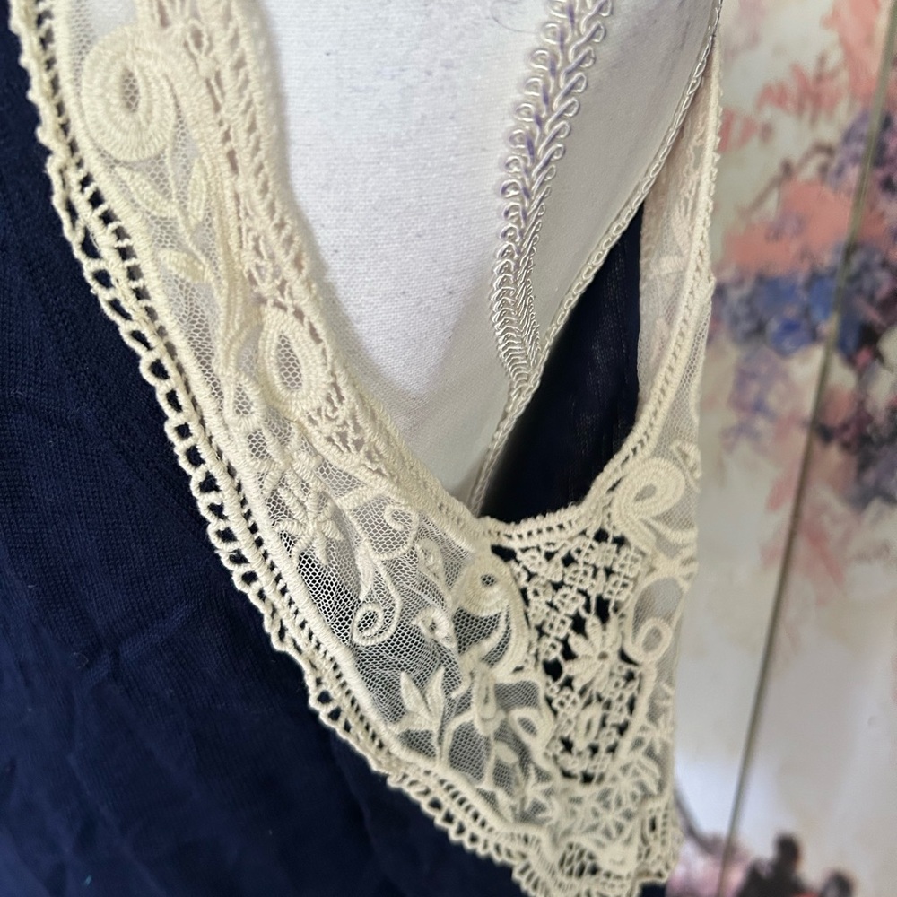 Venus - Elegant Navy Sweater with Lace Trim Cold Shoulder Sleeves. Size L